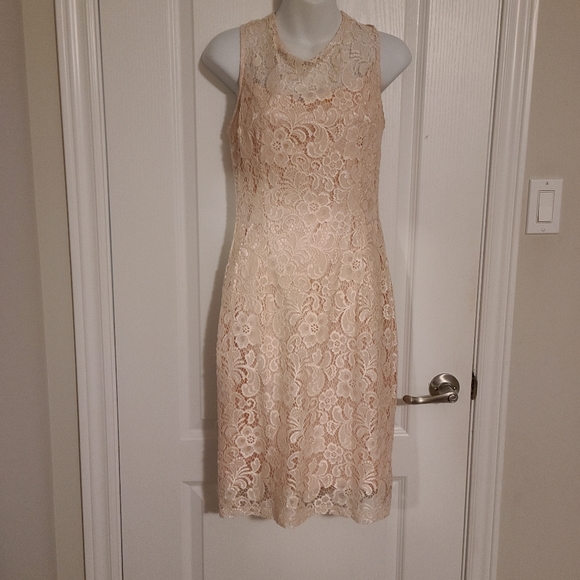 Peach lace over satin dress - Picture 1 of 9